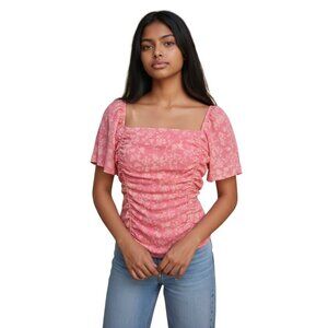 Lush Floral Ruched Front Blouse~Size Medium~Pink Smocked Back Top NWOT  L13 16